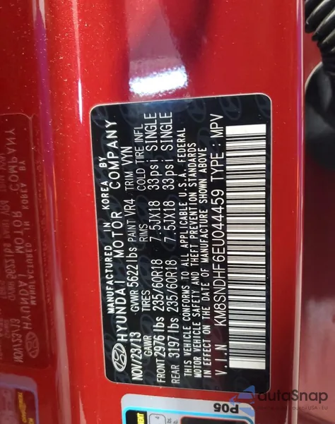 2014 Hyundai Santa Fe Gls z USA, uszkodzony, nr VIN KM8SNDHF6EU044459